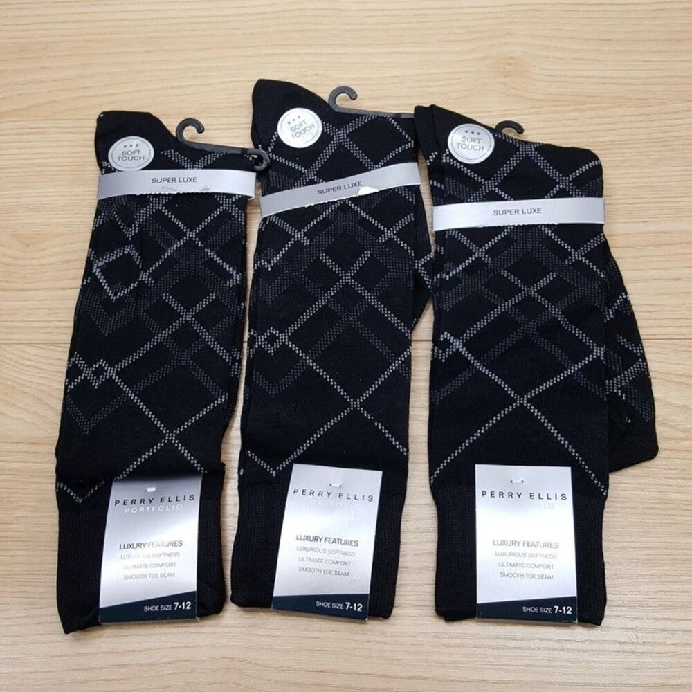 PERRY ELLIS Dress Socks Mens Black 3-Pair Plaid Luxury Soft Smooth Comfort